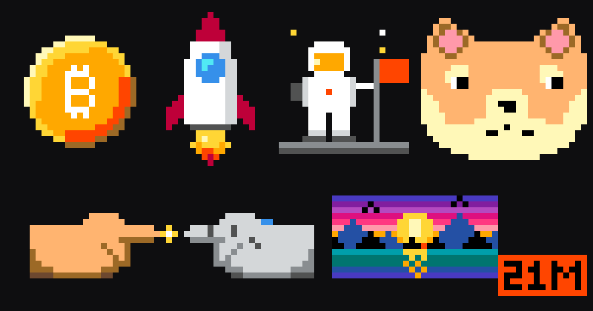 Pixel art painted on the canvas: a Bitcoin coin, a rocket, an astronaut planting a flag, a human hand and a robot hand almost touching, a sunset over water, a shiba inu.