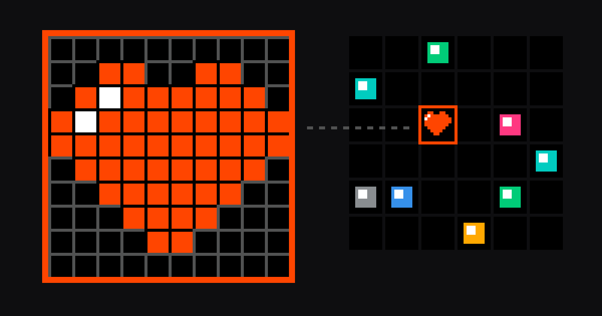 A 10×10 plot on the canvas, drawn large with its hundred pixels separated by a grid and a heart painted across them in orange, its boundary marked in the site's accent; beside it the same plot shown small among neighbouring plots other people have painted.
